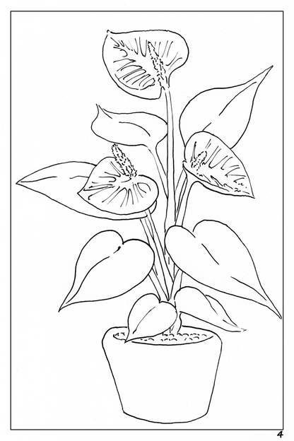 watercolor flower workbook, coloring page of an anthurium plant 