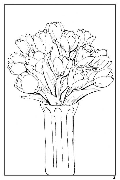 watercolor flower workbook, coloring page of a bouquet of tulips 