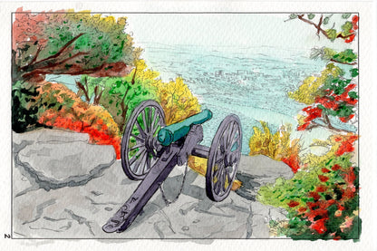 Lookout mountain civil war cannon watercolor painting, watercolor coloring book, watercolor workbook, watercolor paper, 140lbs cold pressed