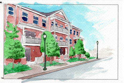 Watercolor painting of downtown Chattanooga Cherry Street apartments, 140lbs cold pressed watercolor paper