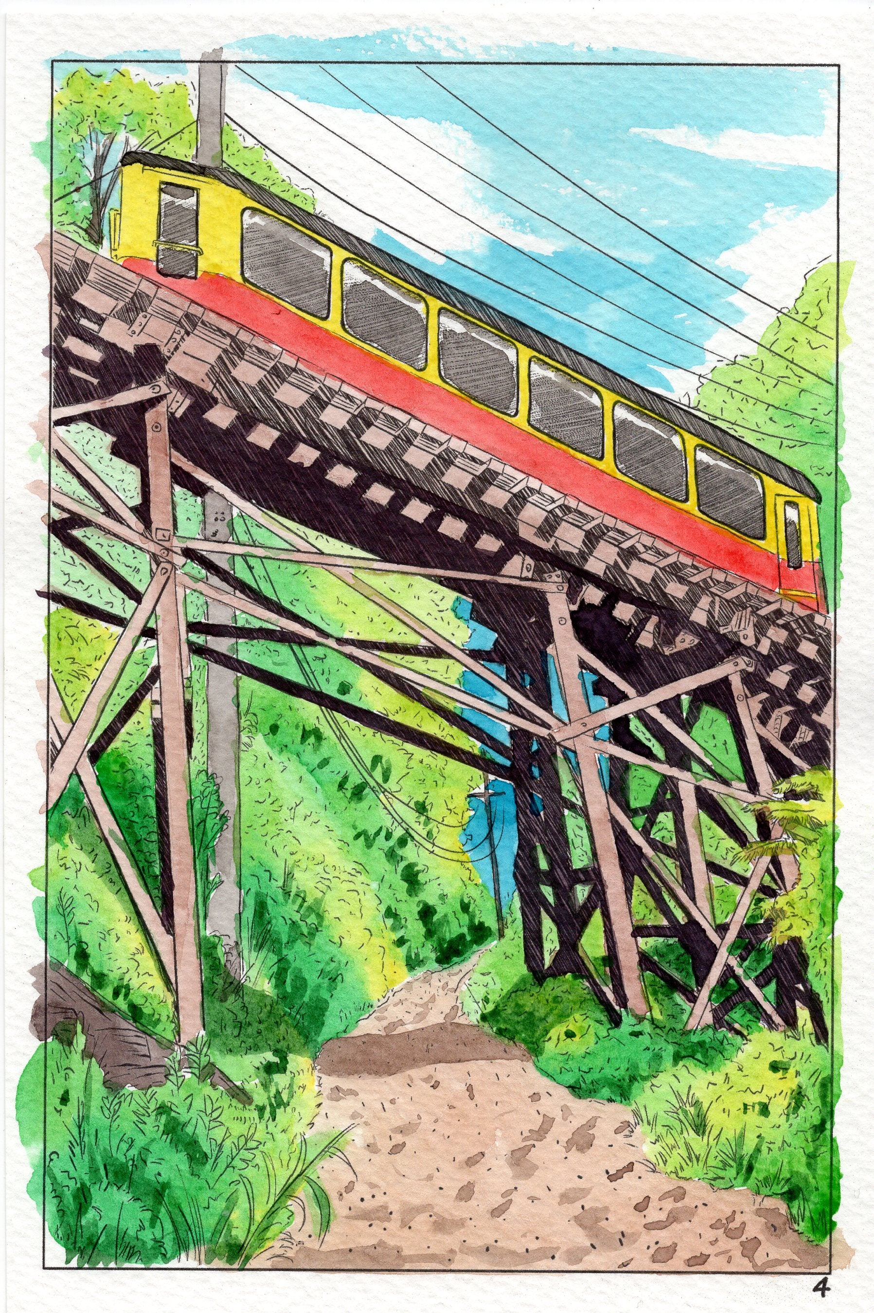 Watercolor painting of the Incline railway on Lookout Mountain in Chattanooga Tennessee