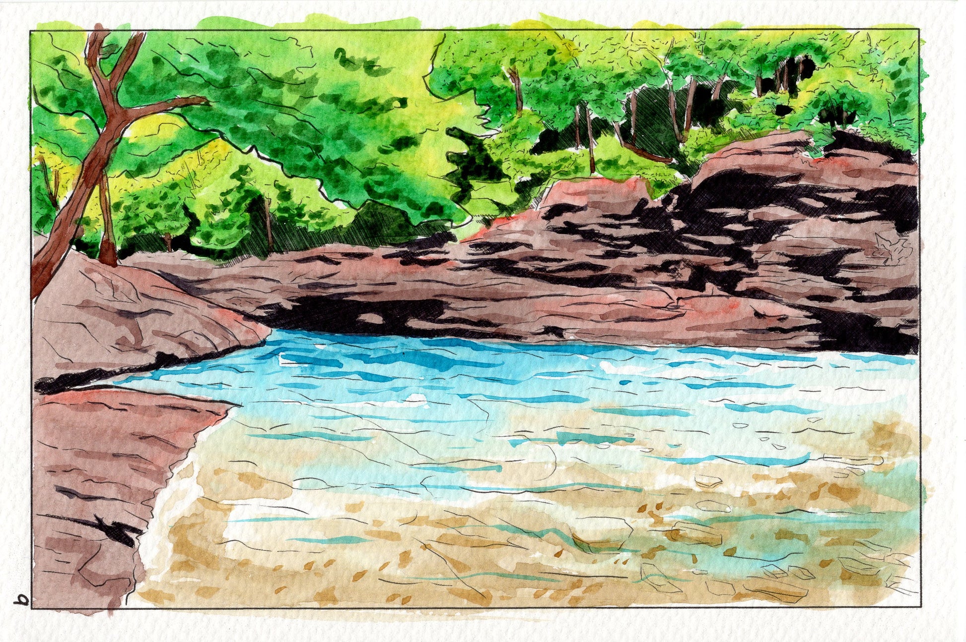 Watercolor painting of the blue hole near Chattanooga Tennessee