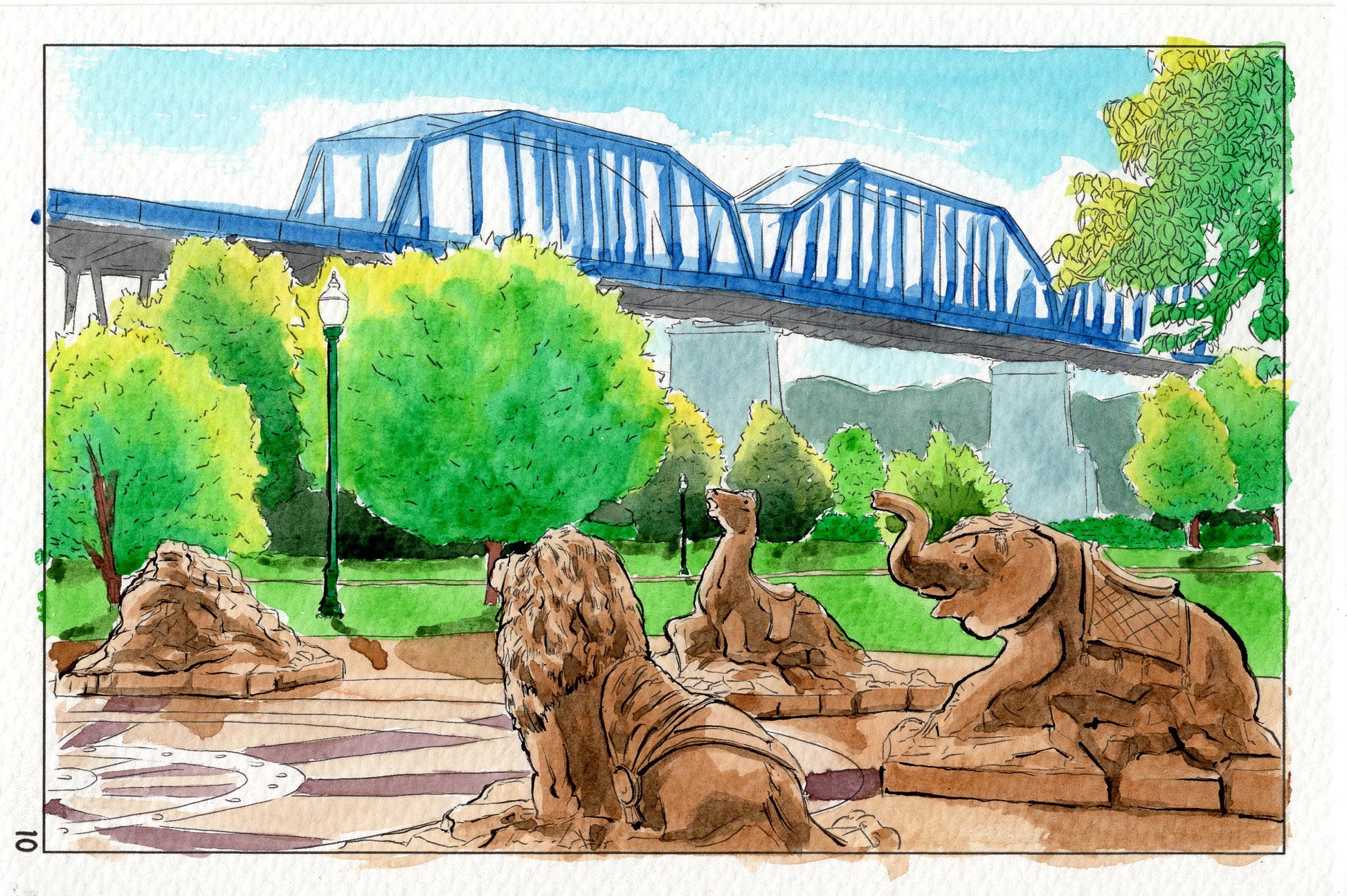 Watercolor painting of Coolidge Park in Chattanooga Tennessee