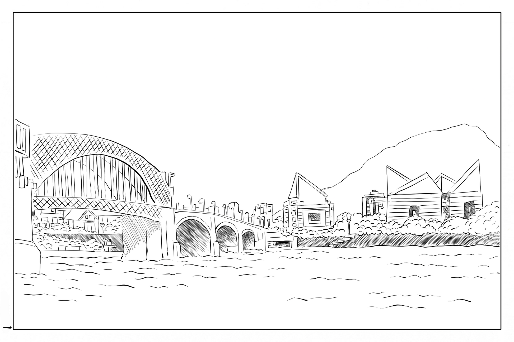 watercolor coloring page for Chattanooga riverfront in front of the Tennessee Aquarium, 140lbs cold pressed watercolor paper