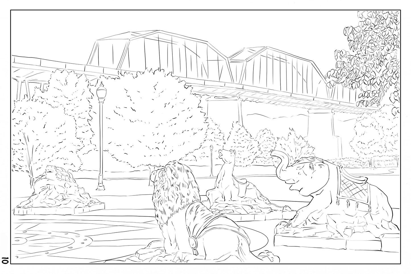 Watercolor Coloring Book page, Coolidge Park in Chattanooga Tennessee, 140lbs cold pressed sheet of watercolor paper