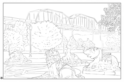 Watercolor Coloring Book page, Coolidge Park in Chattanooga Tennessee, 140lbs cold pressed sheet of watercolor paper