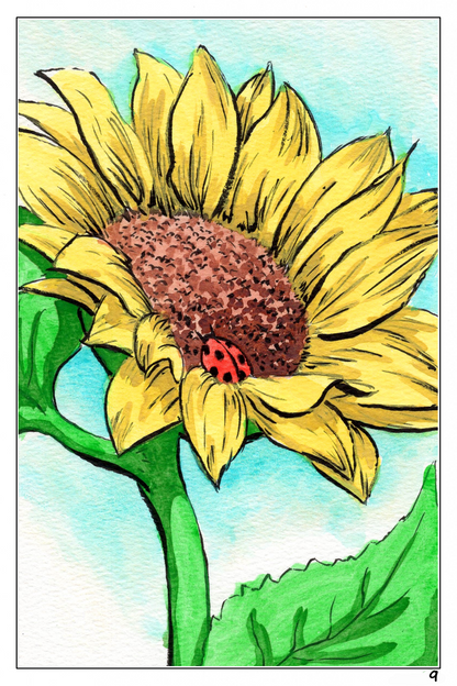 watercolor painting of a sunflower with a ladybug on it 