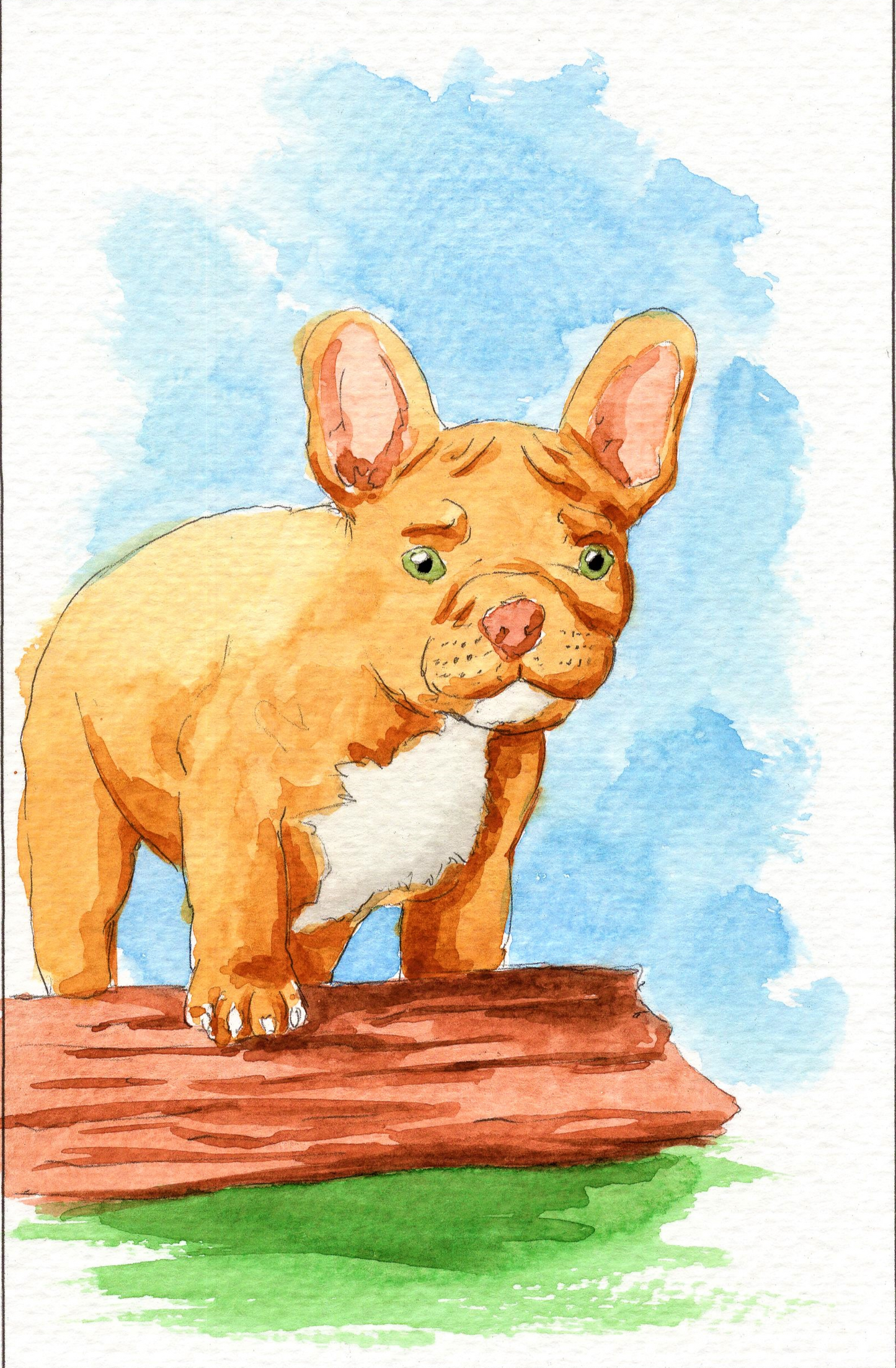 Watercolor painting of a French Bulldog stepping on a log