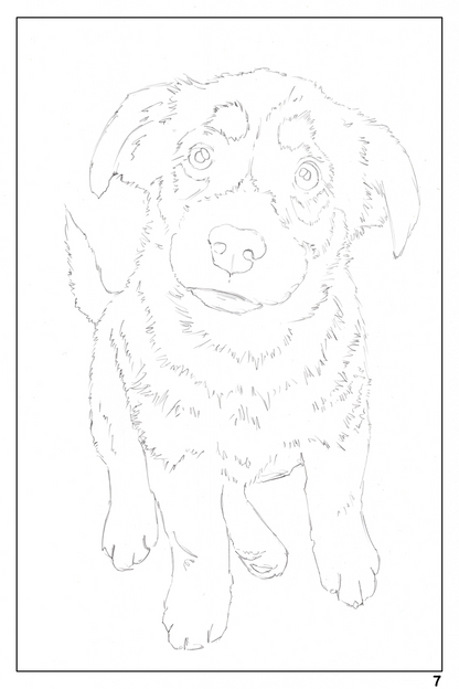 watercolor workbook page 7, coloring page of a German Shepherd puppy 